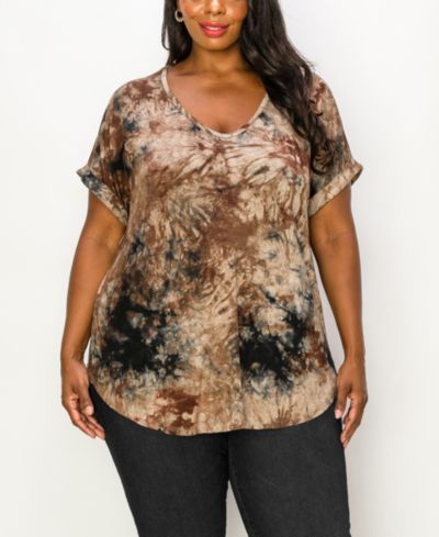 Топ COIN 1804 Plus Size Tie Dye V-neck Rolled Short Sleeve Top