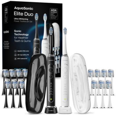 Elite Duo Rechargeable  Electric Toothbrush Set – ADA Accepted, 5 Modes, 2 Travel Cases, 16 Brush Heads (Black/White)
