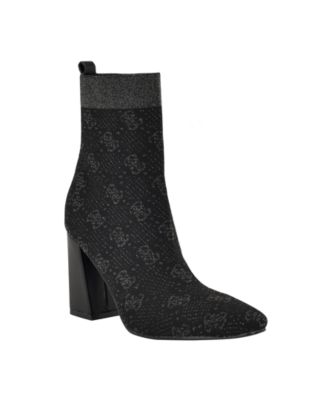 GUESS Women's Yonel Block Heel Stretch Knit Logo Dress Booties