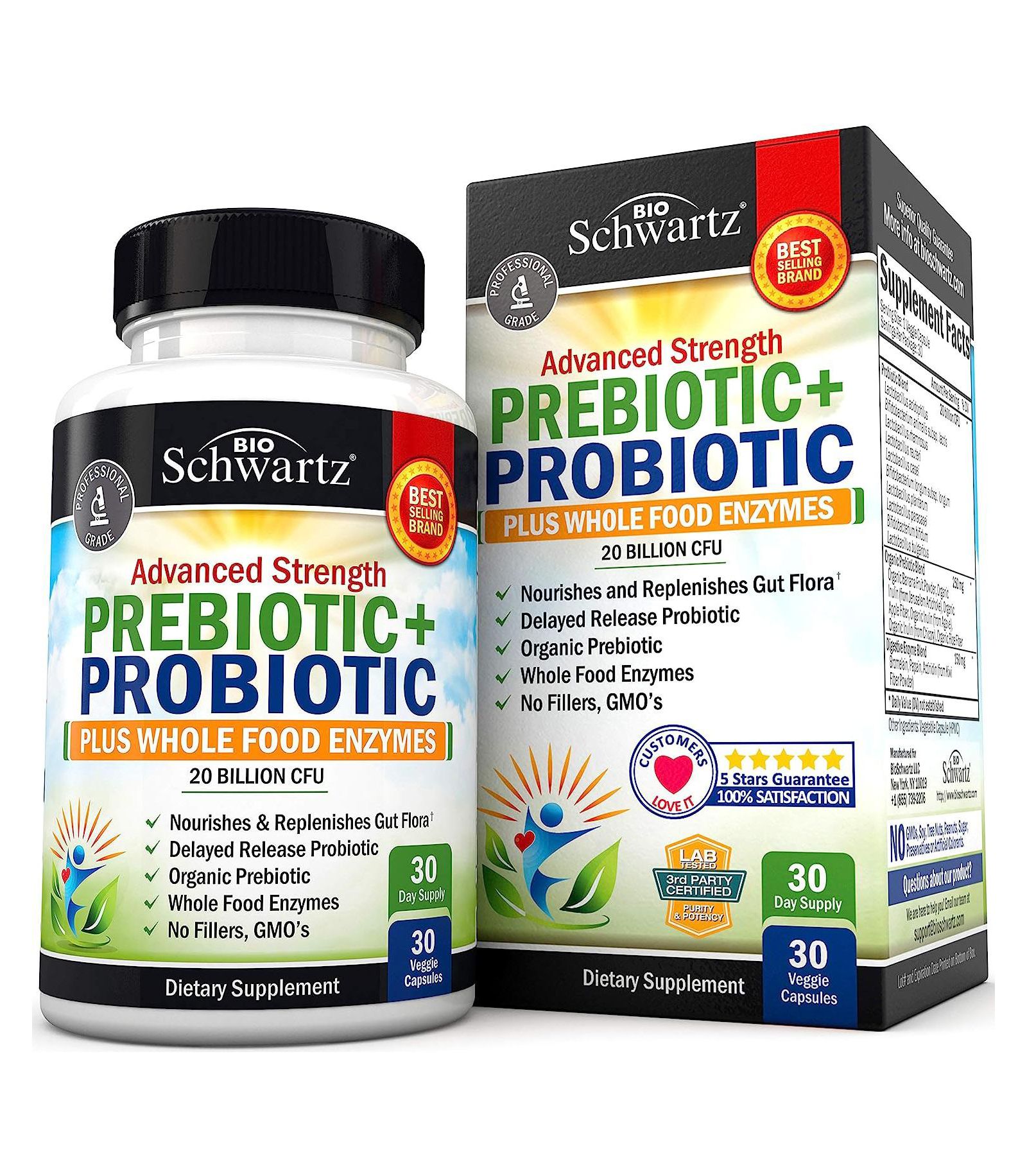 Non-GMO probiotic & prebiotic supplement with Lactobacillus Acidophilus & whole food enzymes. Shelf-stable, gluten & dairy free. 30ct