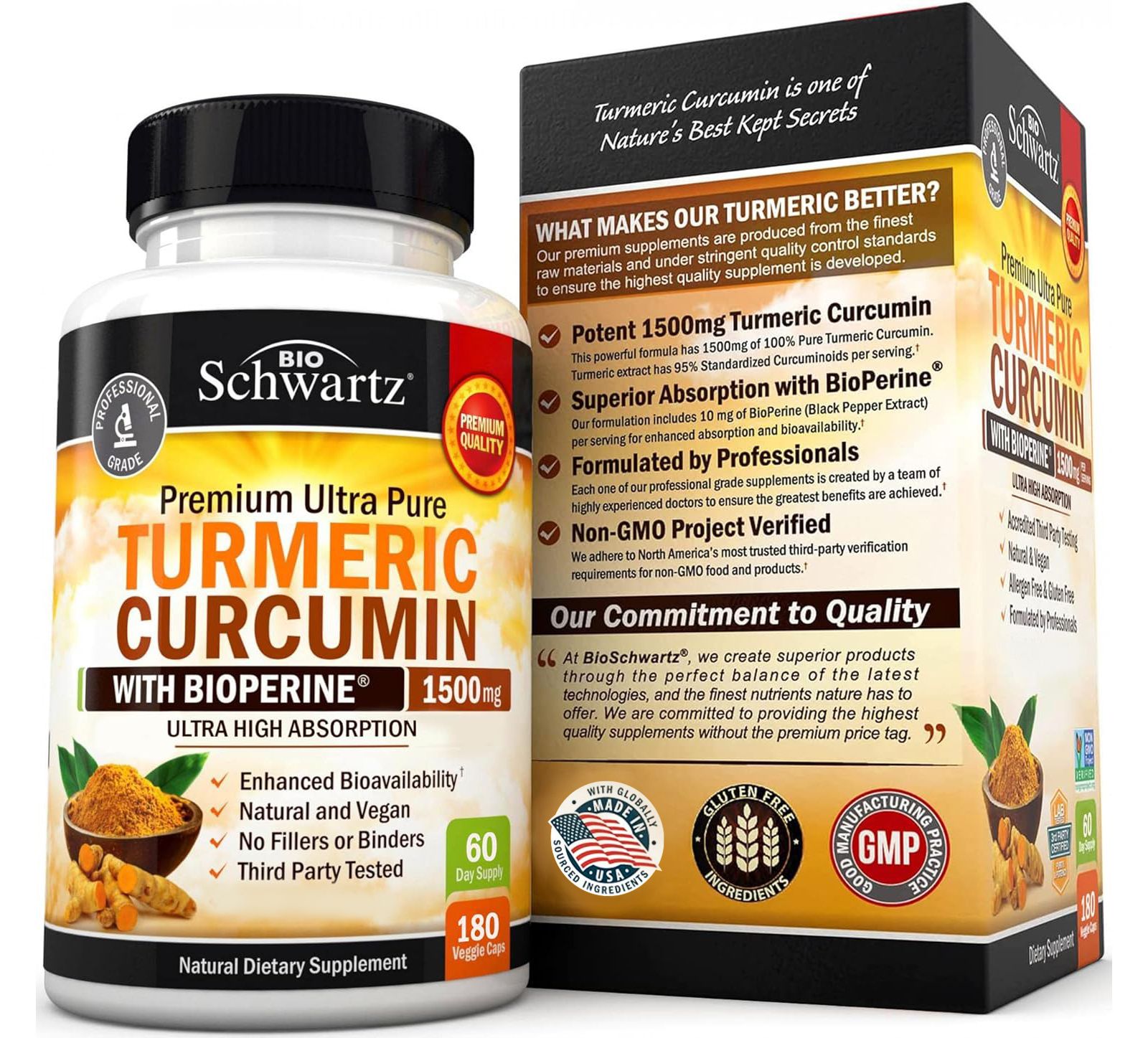 BioSchwartz Turmeric Curcumin with BioPerine 1500mg - Natural Joint Support - Non GMO - Gluten Free - 180 Capsules