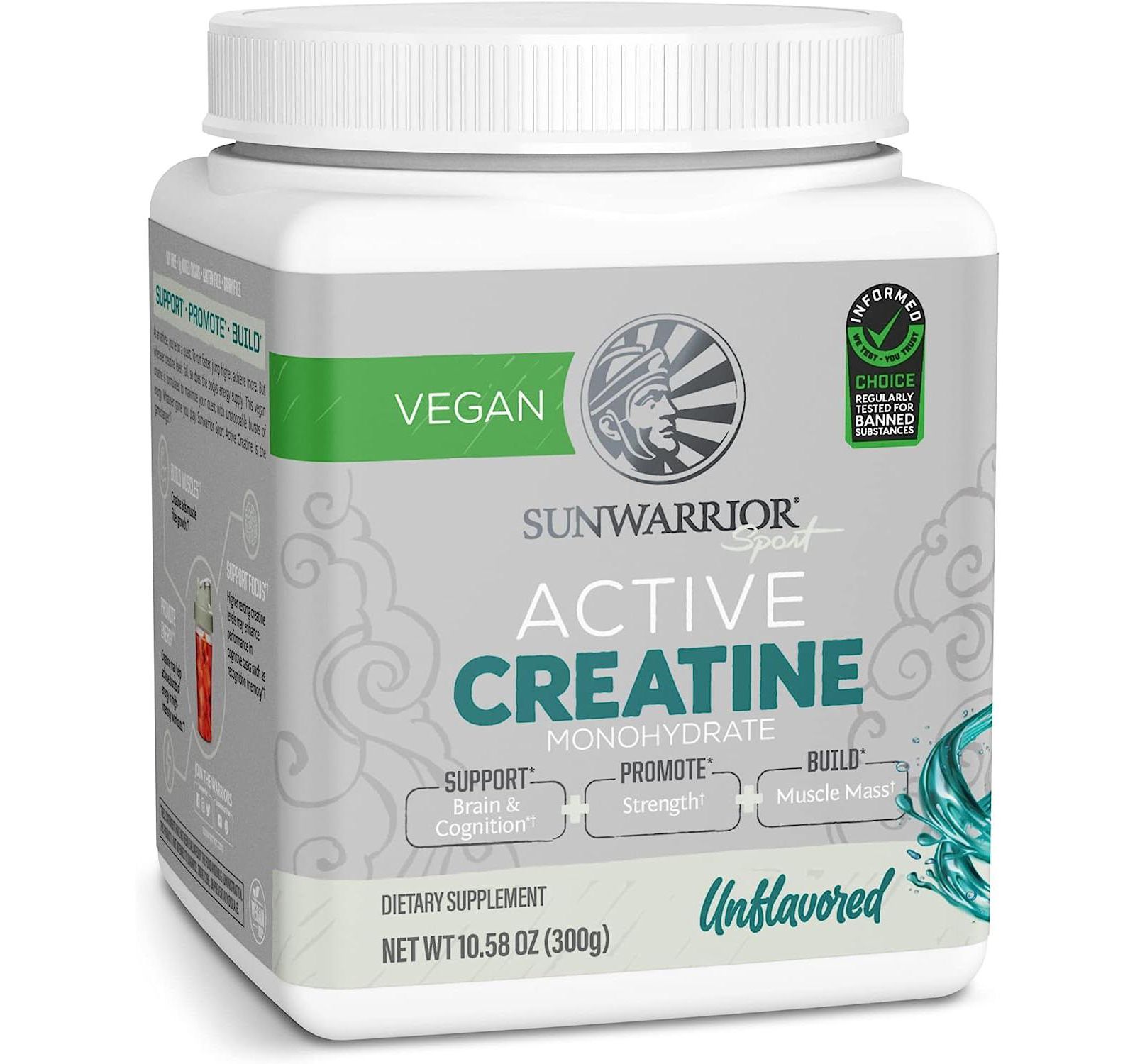 Порошок Sunwarrior Active Creatine Monohydrate, органический и подходит для кето, без вкуса, 300г (60 порций)