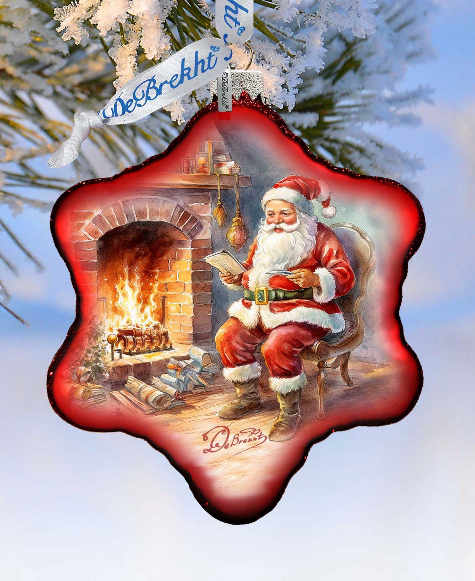 Рождественские украшения Designocracy Santa at the Fireplace Snowflake Mercury Glass Christmas Ornaments G. DeBrekht
