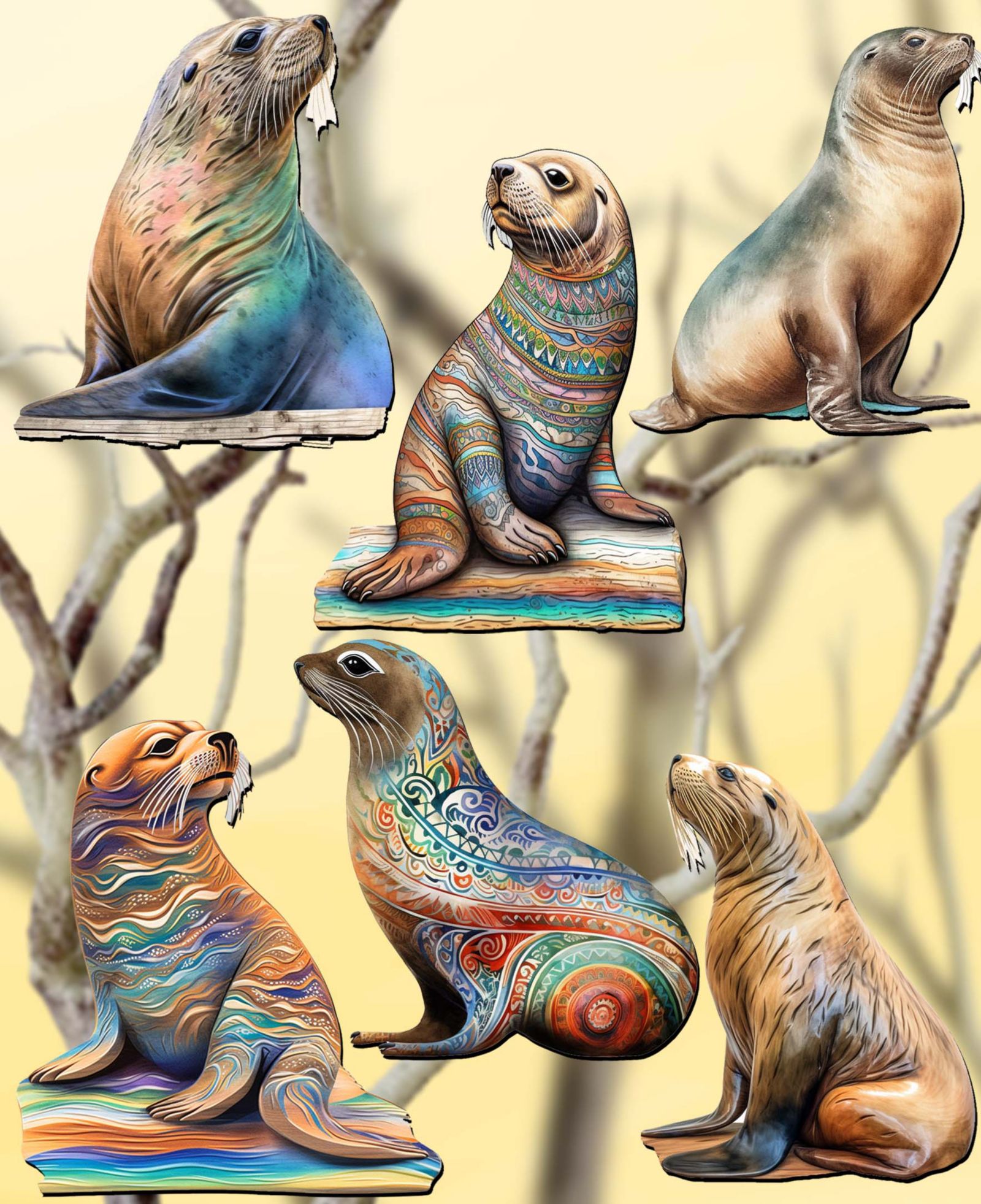 Designocracy Праздничные деревянные подвесные украшения Coastal Sea Lions, набор 6 шт. G. DeBrekht