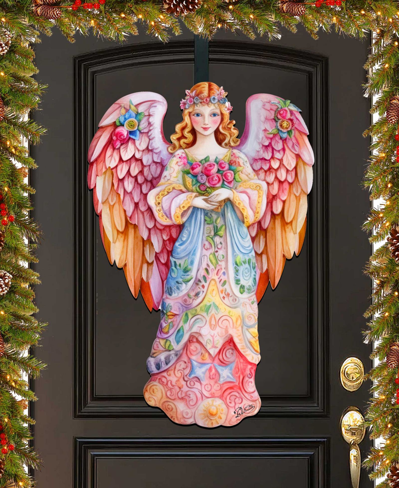 Деревянный настенный декор Designocracy Floral Angel Christmas Door Decor G. DeBrekht