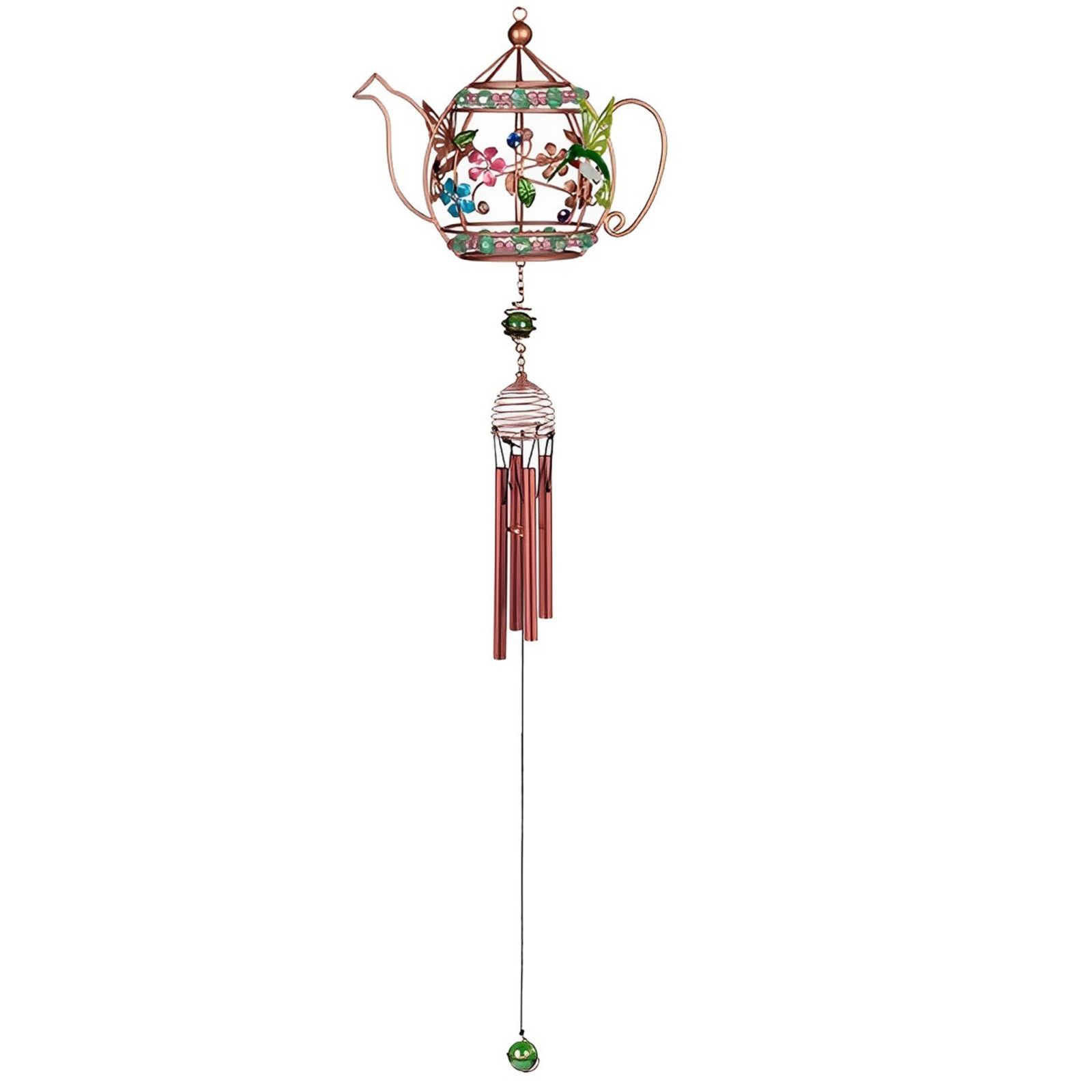 FC Design 33" Long Hummingbird Copper and Gem Wind Chime in Teapot Shaped Home Decor Perfect Gift for House Warming, Holidays and Birthdays