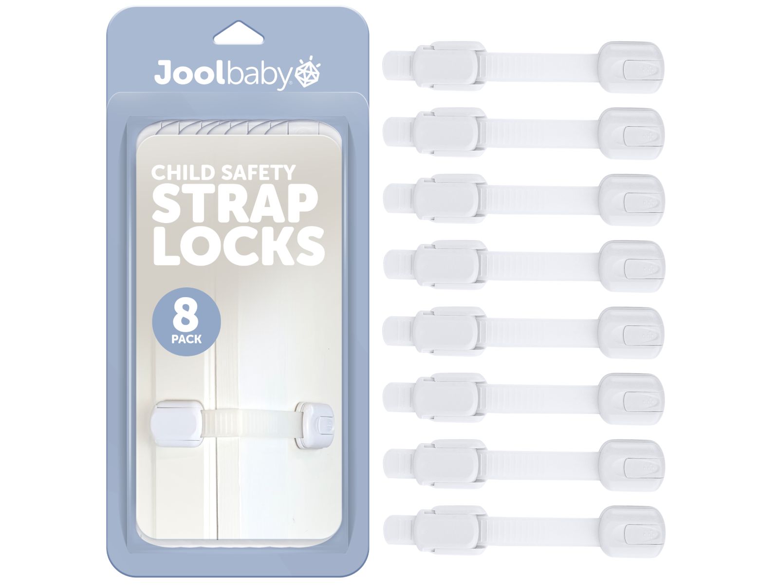 Jool Baby Toddler Multi-Use Safety Strap for Cabinets, Fridges, Drawers, Damage-Free Adhesives Safety Set - 8 Pack