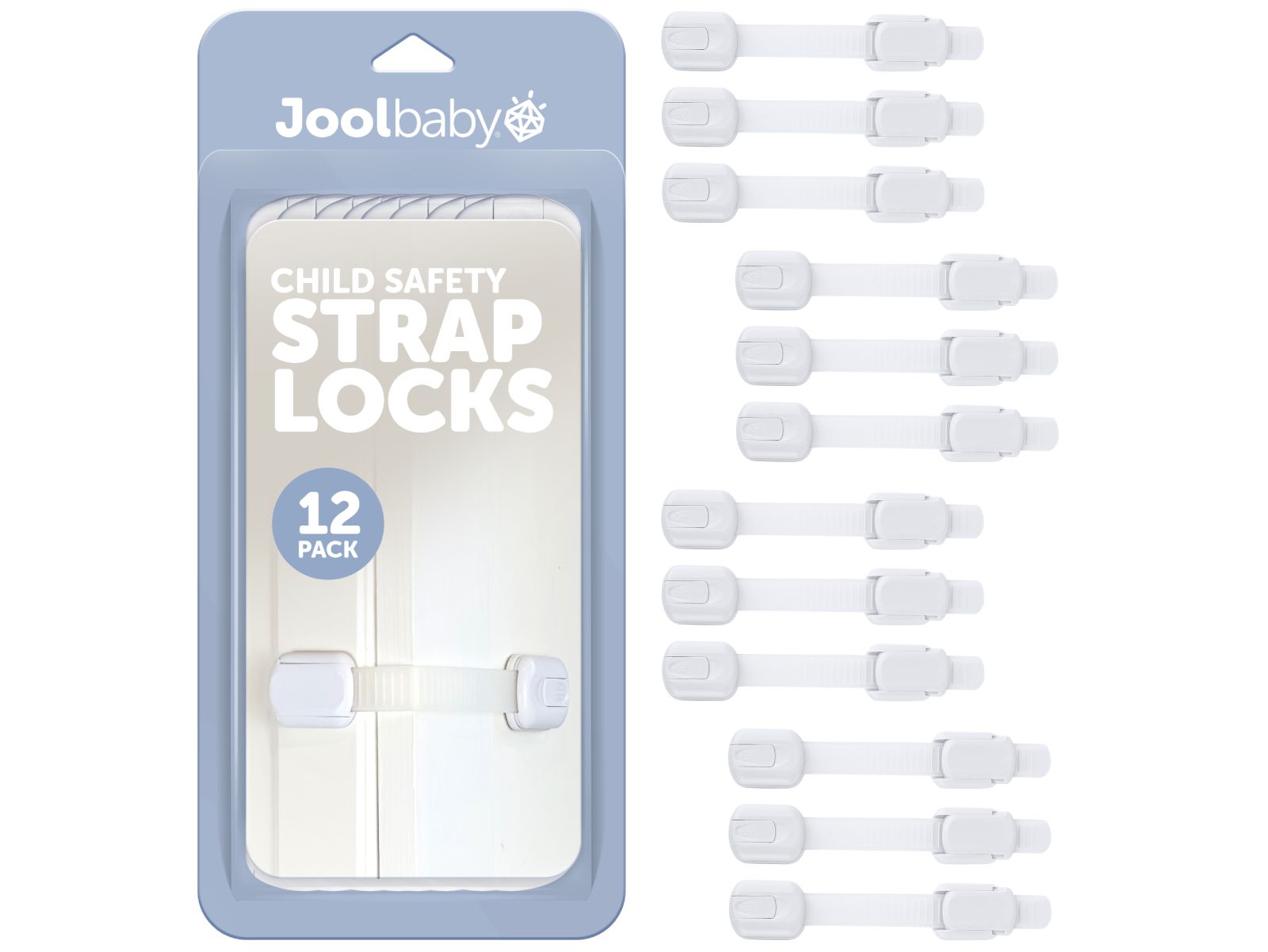Jool Baby Toddler Multi-Use Safety Strap for Cabinets, Fridges, Drawers, Damage-Free Adhesives Safety - 12 Pack