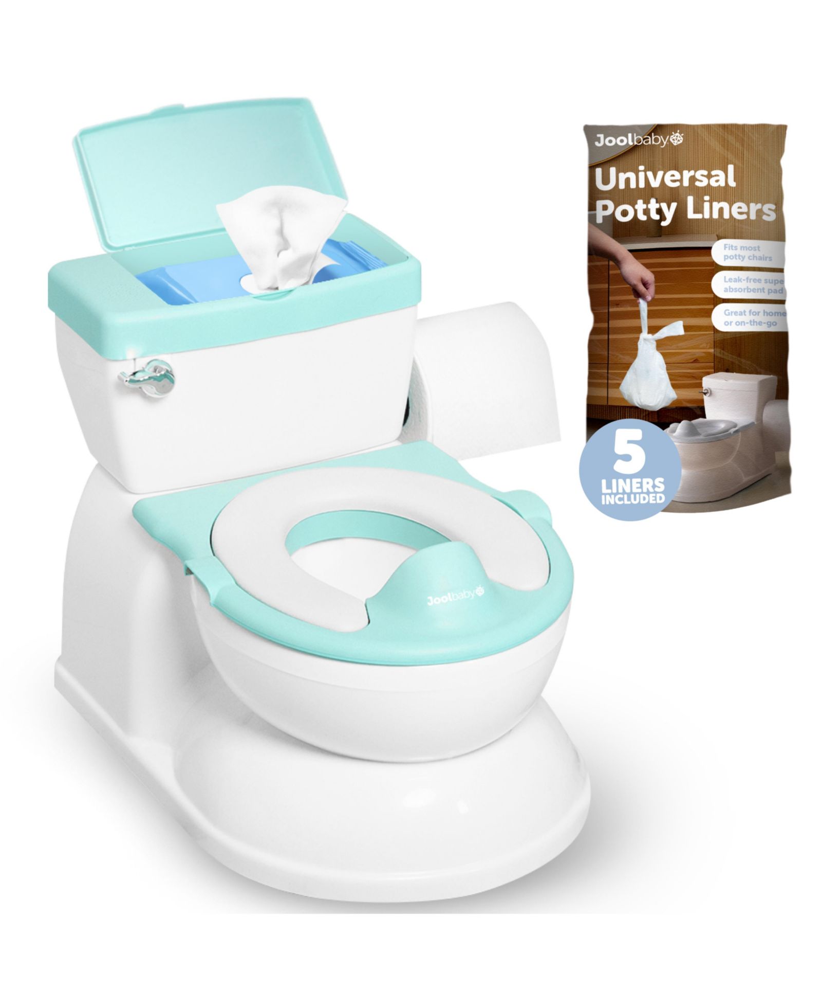 Real Feel 2-in-1 Potty with Wipes Storage, Flushing Sounds & Disposable Liners - Realistic Toilet - Easy to Clean & Assemble - Jool Baby (Aqua)