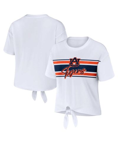 Women's WEAR by Erin Andrews White Auburn Tigers Striped Front Knot Cropped T-shirt