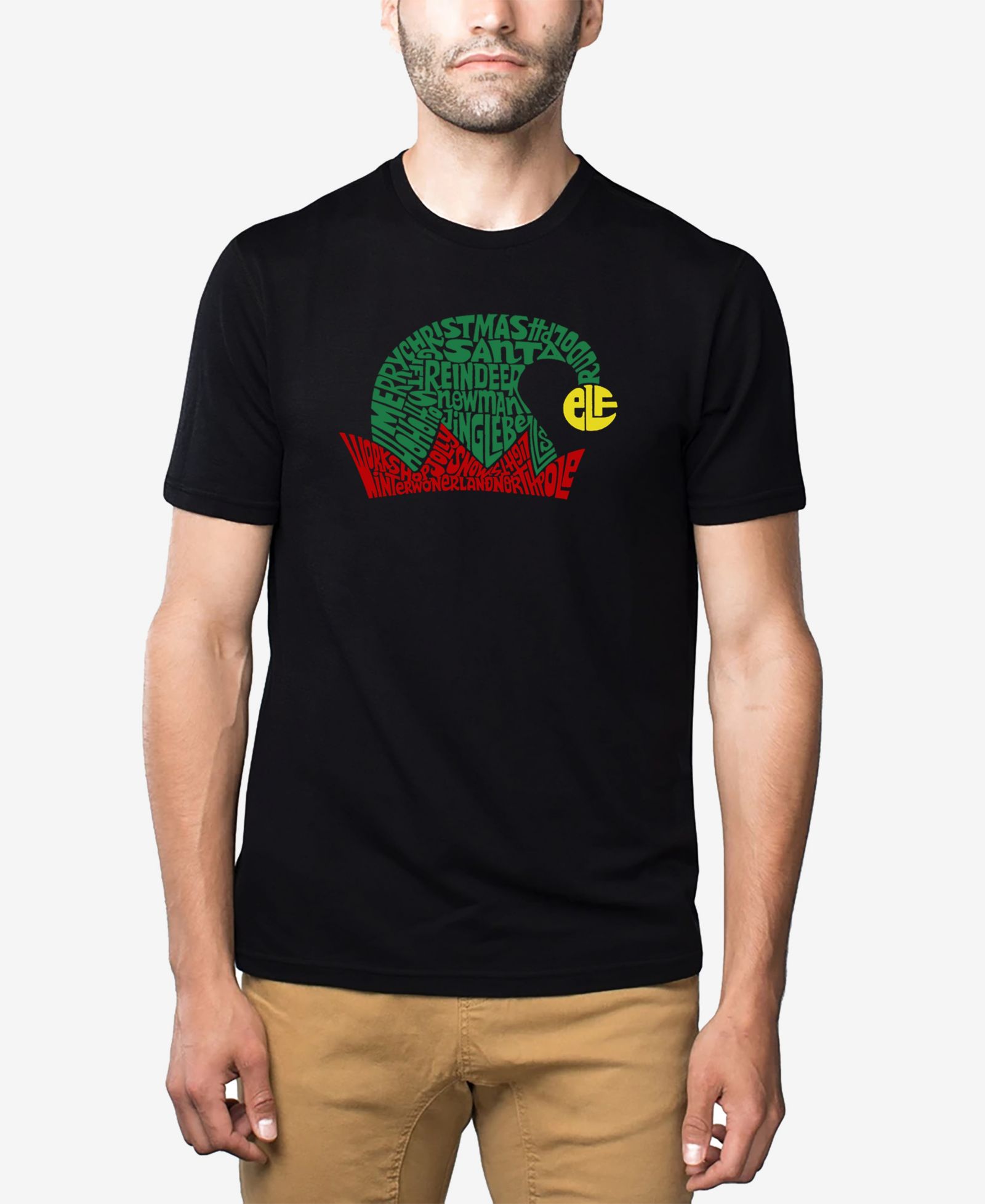 LA Pop Art Men's Cotton/Poly Blend Word Art T-shirt - Christmas Elf Hat
