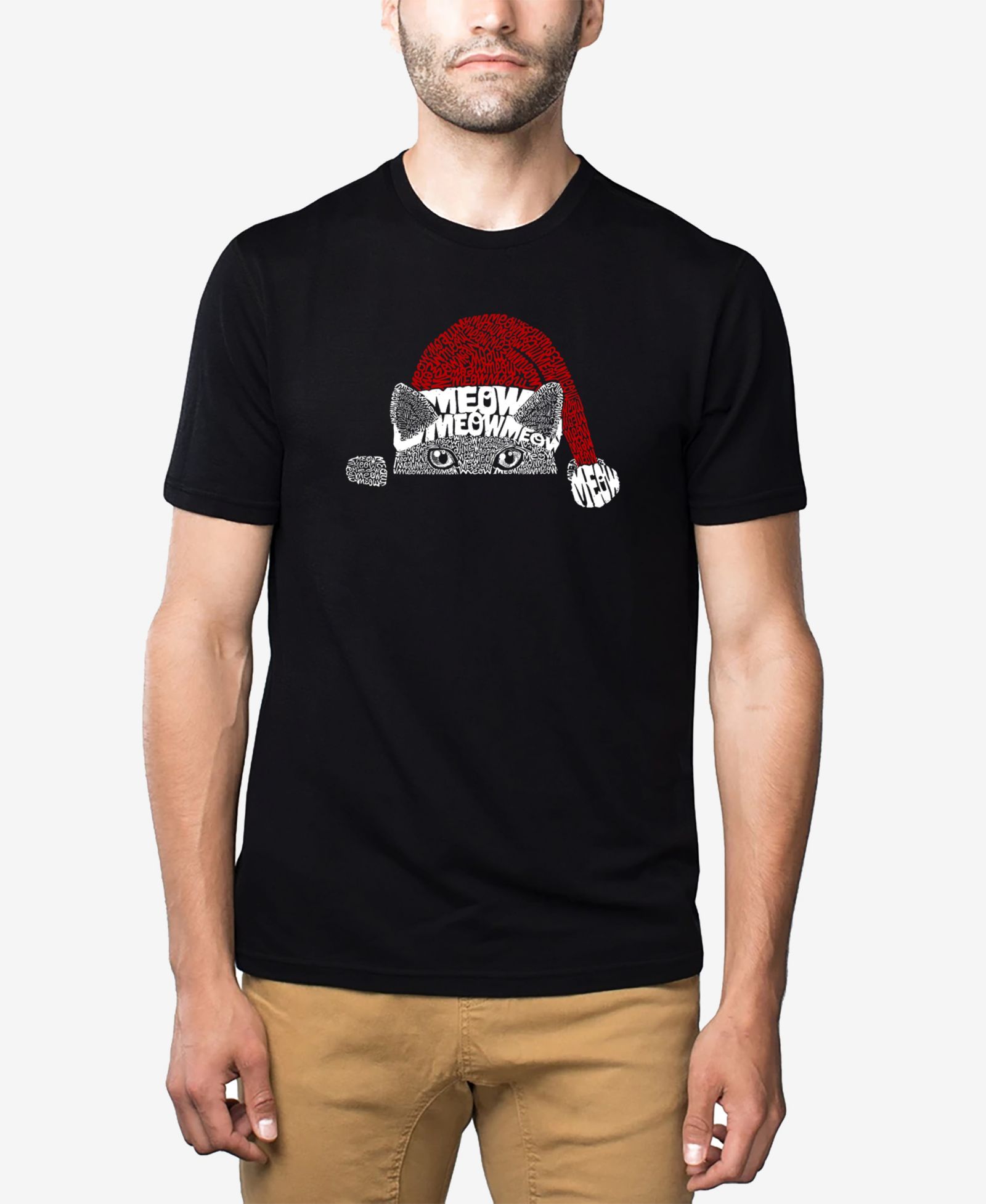 LA Pop Art Men's Cotton/Poly Blend Word Art T-shirt - Christmas Cat