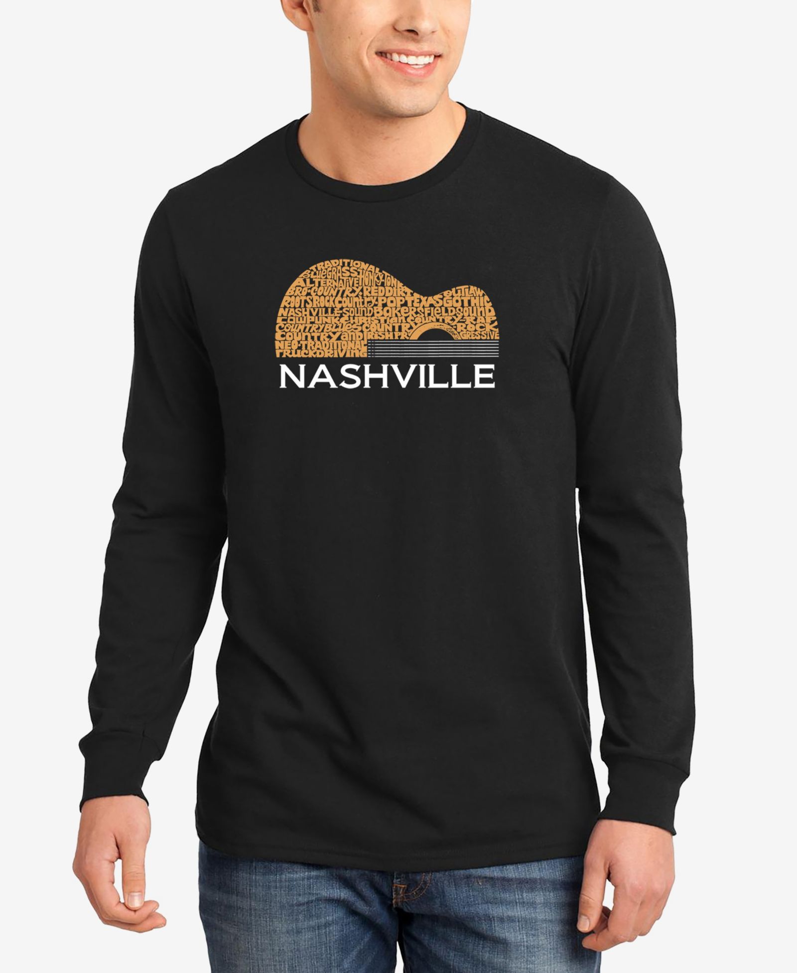 LA Pop Art Men's Nashville Guitar Word Art Long Sleeve T-shirt