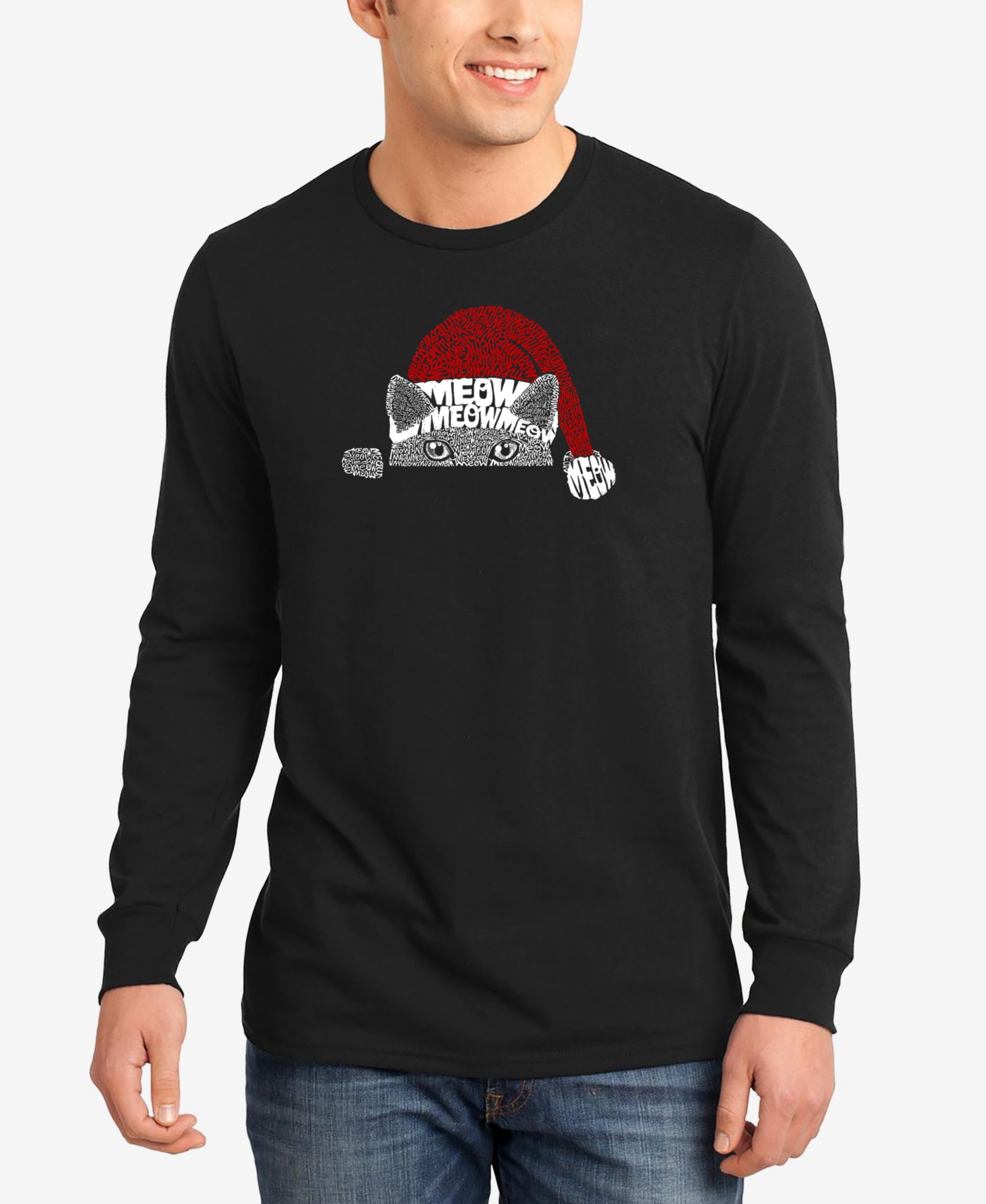 LA Pop Art Мужская футболка с длинным рукавом Christmas Peeking Cat
