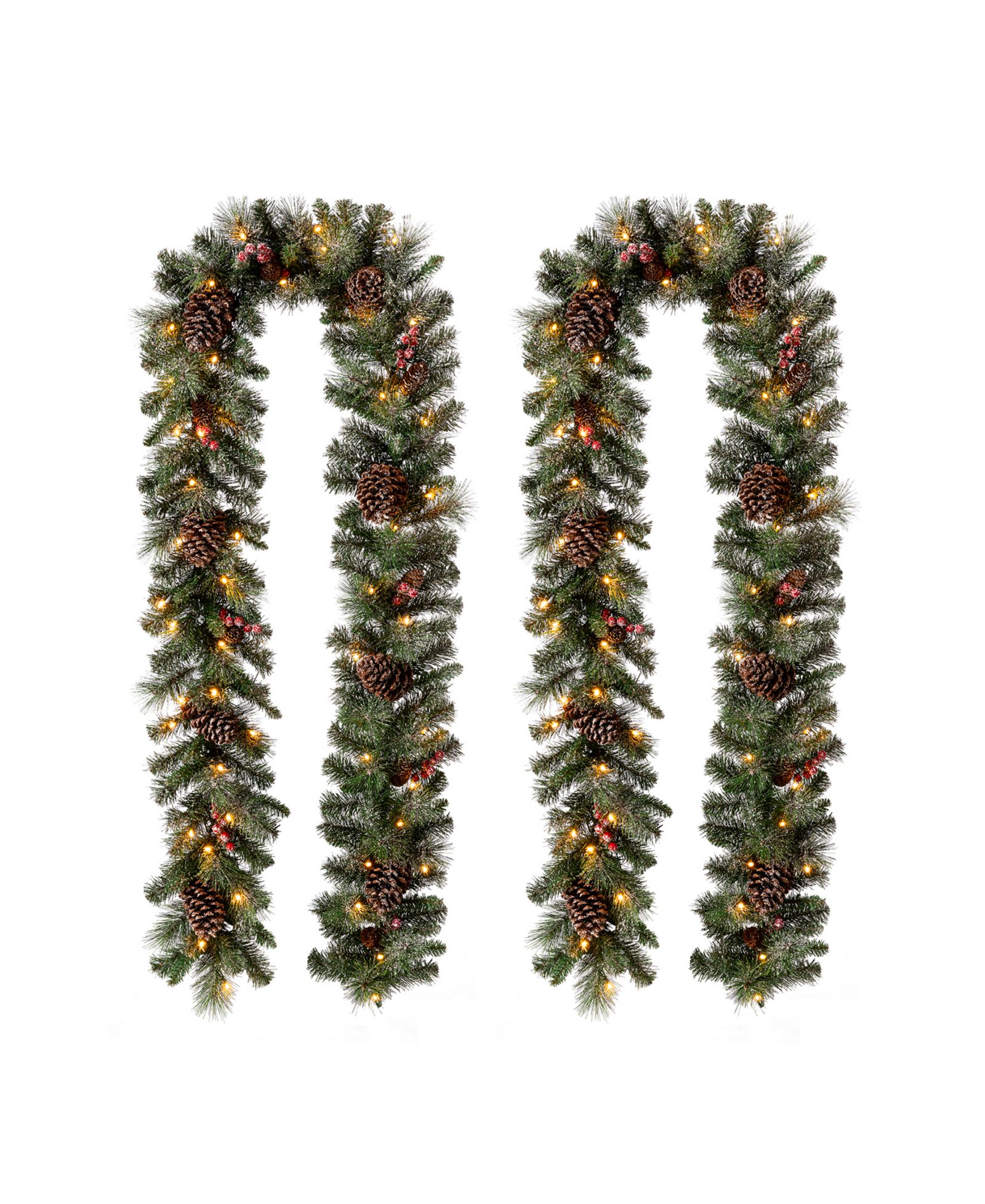 Glitzhome 9' Pre-Lit Glittered Pine Cone Christmas Garland with Warm LED Lights, 2 Pack