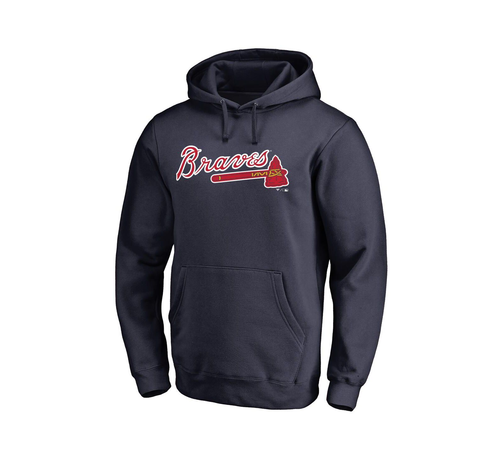 Men's Fanatics Navy Atlanta Braves Official Wordmark Fitted Pullover Hoodie