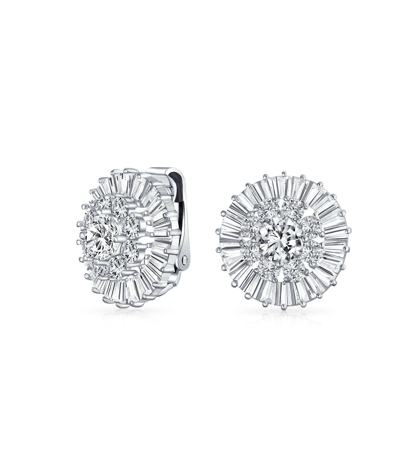 Серьги Bling Jewelry Fancy CZ Baguette Round Cubic Zirconia Button Clip On без прокола