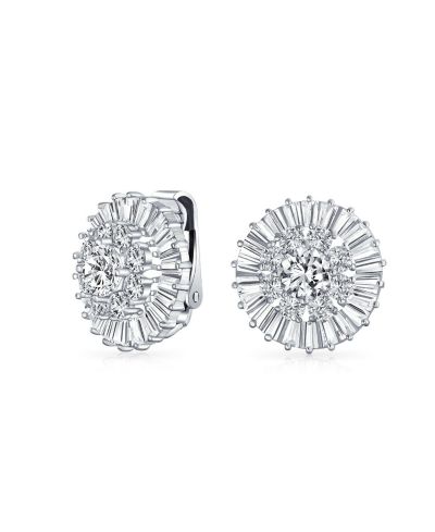 Bling Jewelry Fancy Cocktail Round CZ Baguette Clip On Earrings Non Pierced Silver Plated