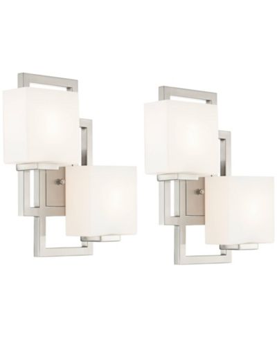 Набор современных настенных светильников Possini Euro Design Lighting on the Square, 2 шт., Brushed Nickel, 13.75", Opal Glass