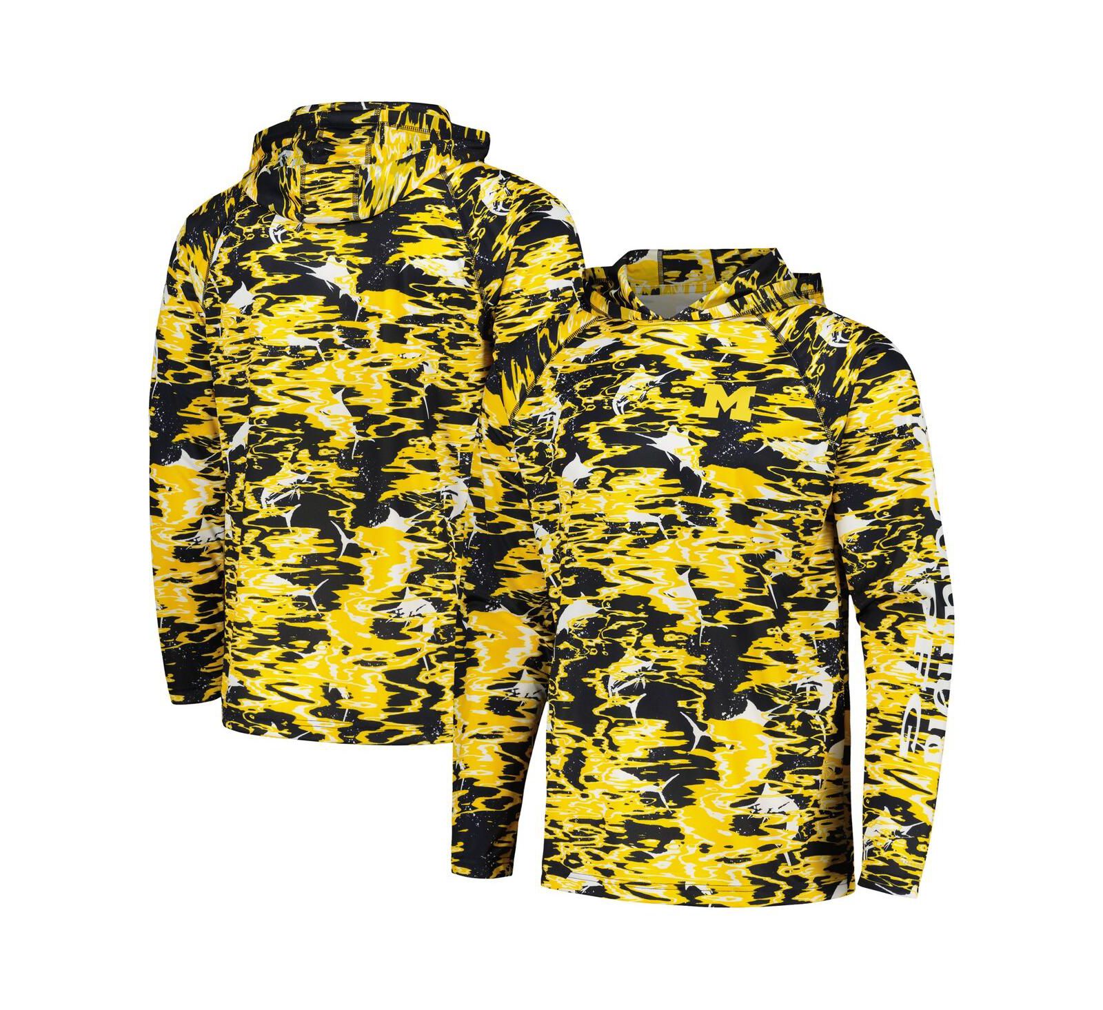 Men's Columbia  Navy Michigan Wolverines PFG Terminal Tackle Omni-Shade Rippled Long Sleeve Hooded T-shirt