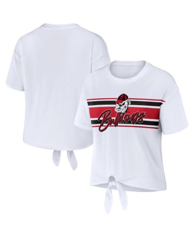 Women's WEAR by Erin Andrews White Georgia Bulldogs Striped Front Knot Cropped T-shirt