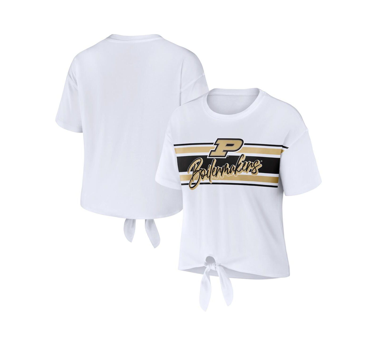 Женская футболка WEAR by Erin Andrews White Purdue Boilermakers Striped Front Knot Cropped T-shirt