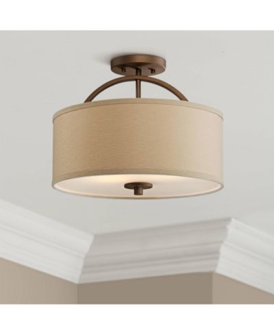 Possini Euro Design Halsted современный потолочный светильник, полупотолочный, 15" Wide, матовая бронза, 2-ламповый барабан из льна цвета Oatmeal для спальни и гостиной