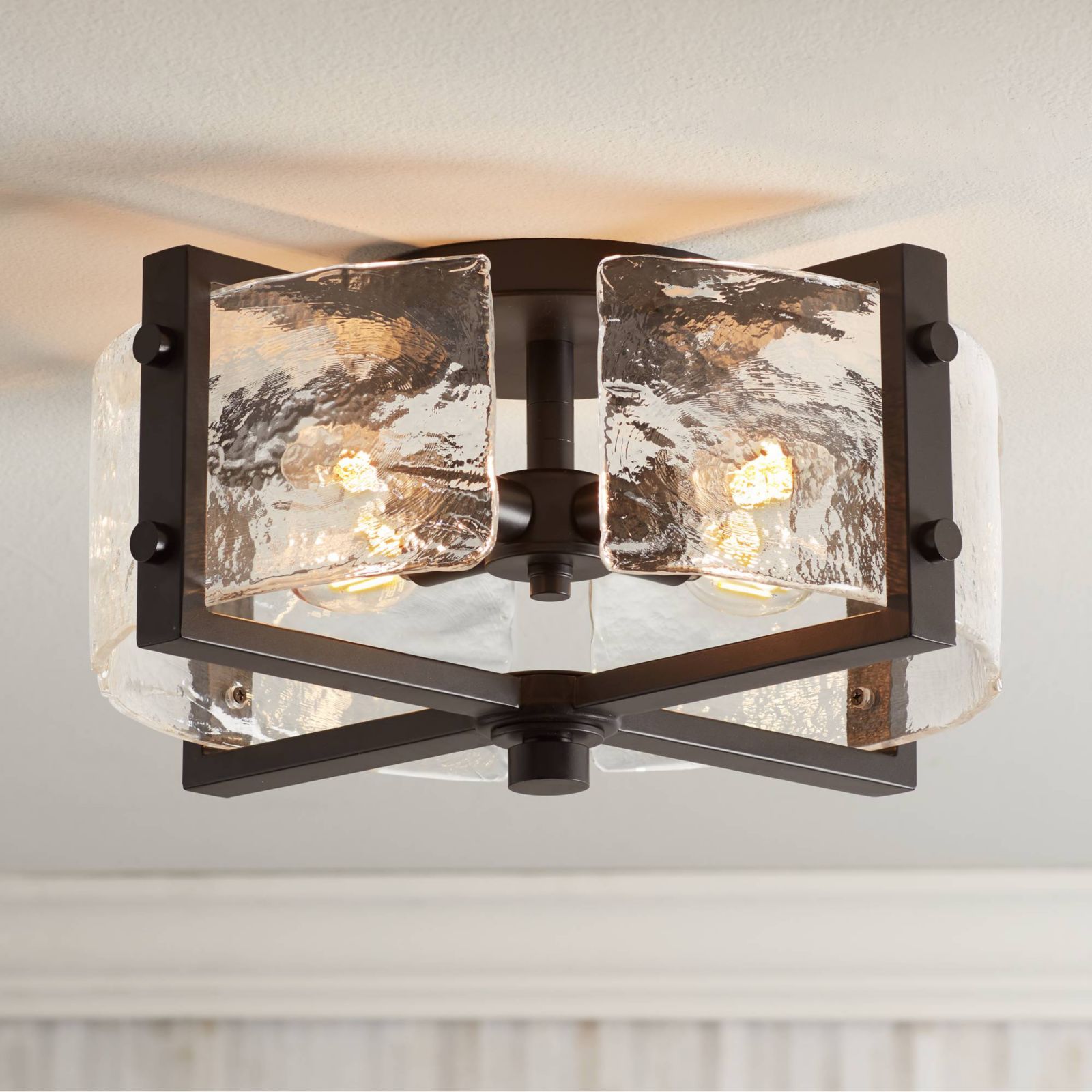 Adri Modern Ceiling Light Flush Mount Fixture 4-Light 16.50" Wide Black Metal Curved Textured Glass Panels for Bedroom Kitchen Living Room