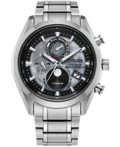 Citizen Мужской Tsuki-yomi A-T Chronograph Sport Luxury Eco-Drive Silver-Tone Titanium Bracelet Watch 43mm