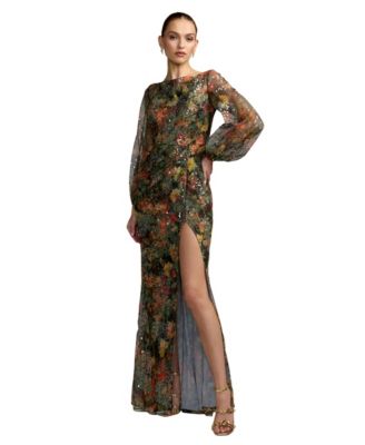 Mac Duggal Women's Floral Applique Sequined Puff Sleeve Gown
