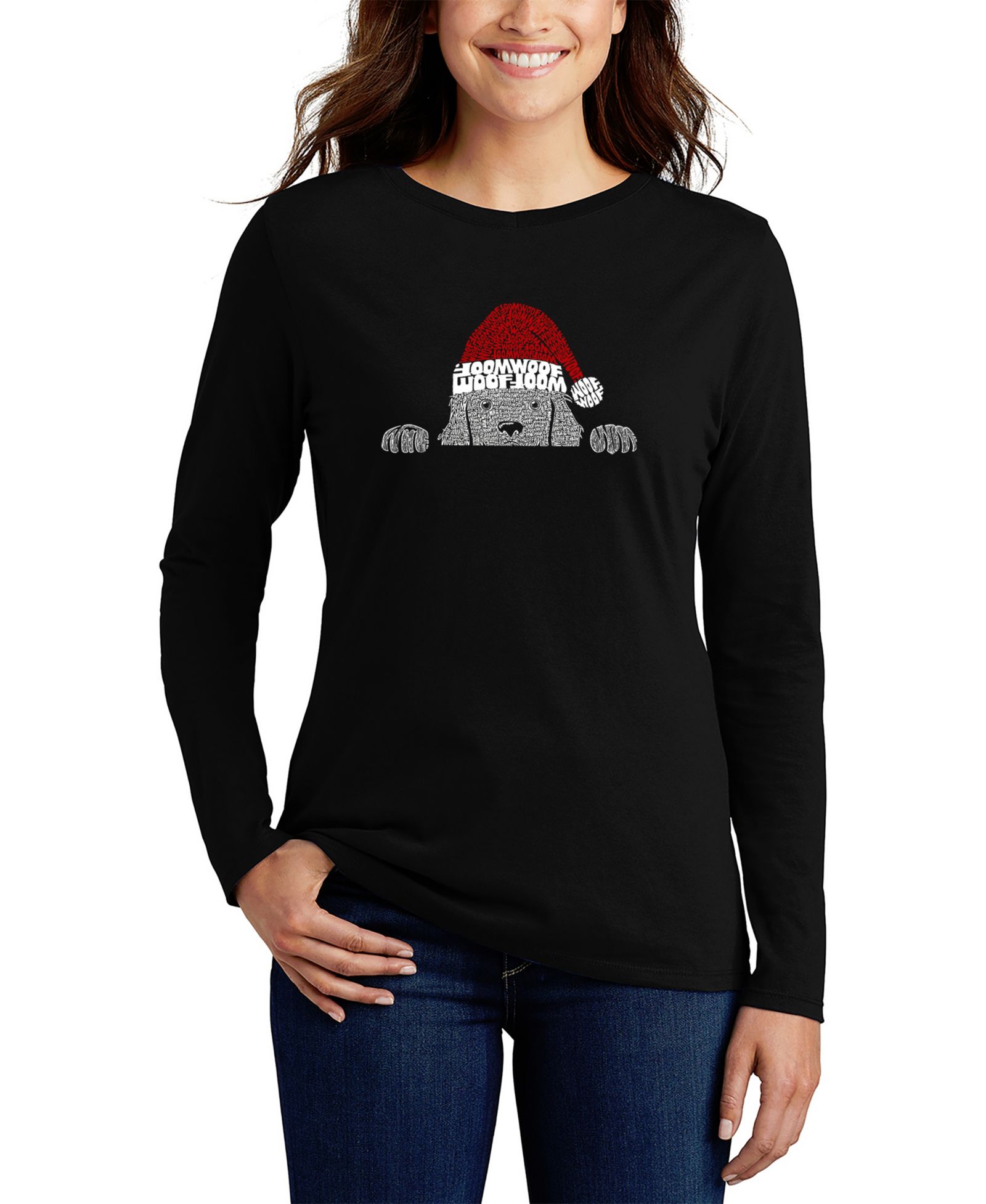 Женская футболка с длинным рукавом LA Pop Art Pop Art Christmas Peeking Dog Word Art