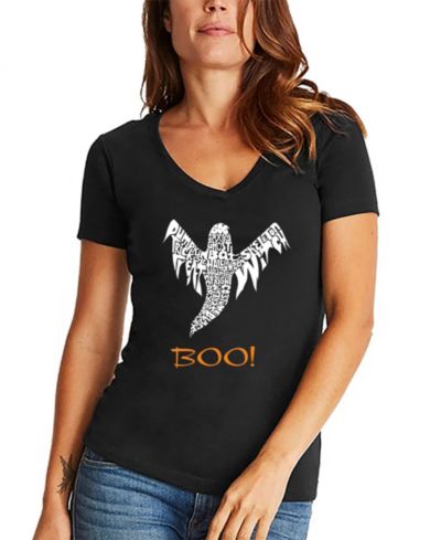 LA Pop Art Women's Halloween Ghost Word Art V-neck T-shirt