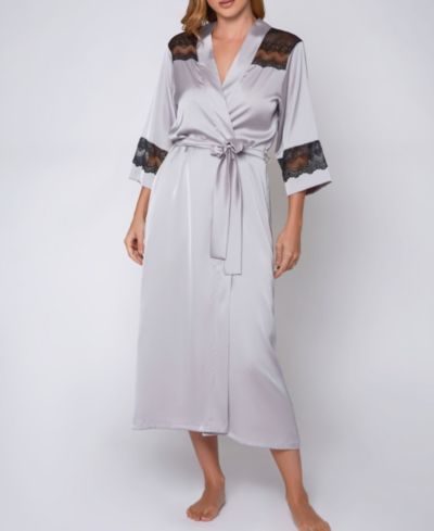 iCollection Women's Silky Stretch Satin Long Robe with Lace Trims