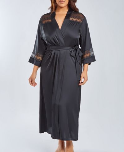iCollection Plus Size Silky Stretch Satin Long Robe with Lace Trims