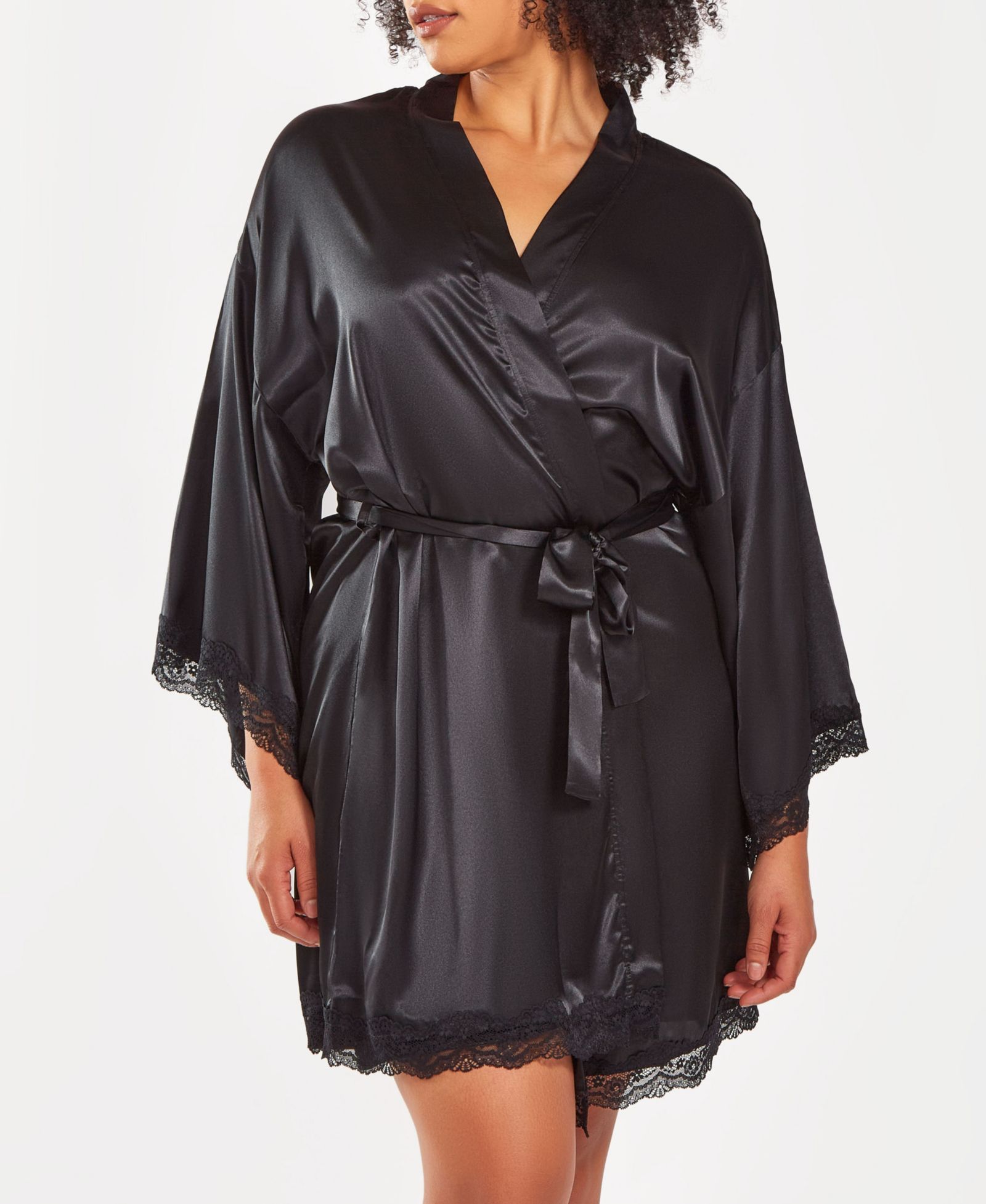 iCollection Plus Size Silky Laced Trim Short Robe