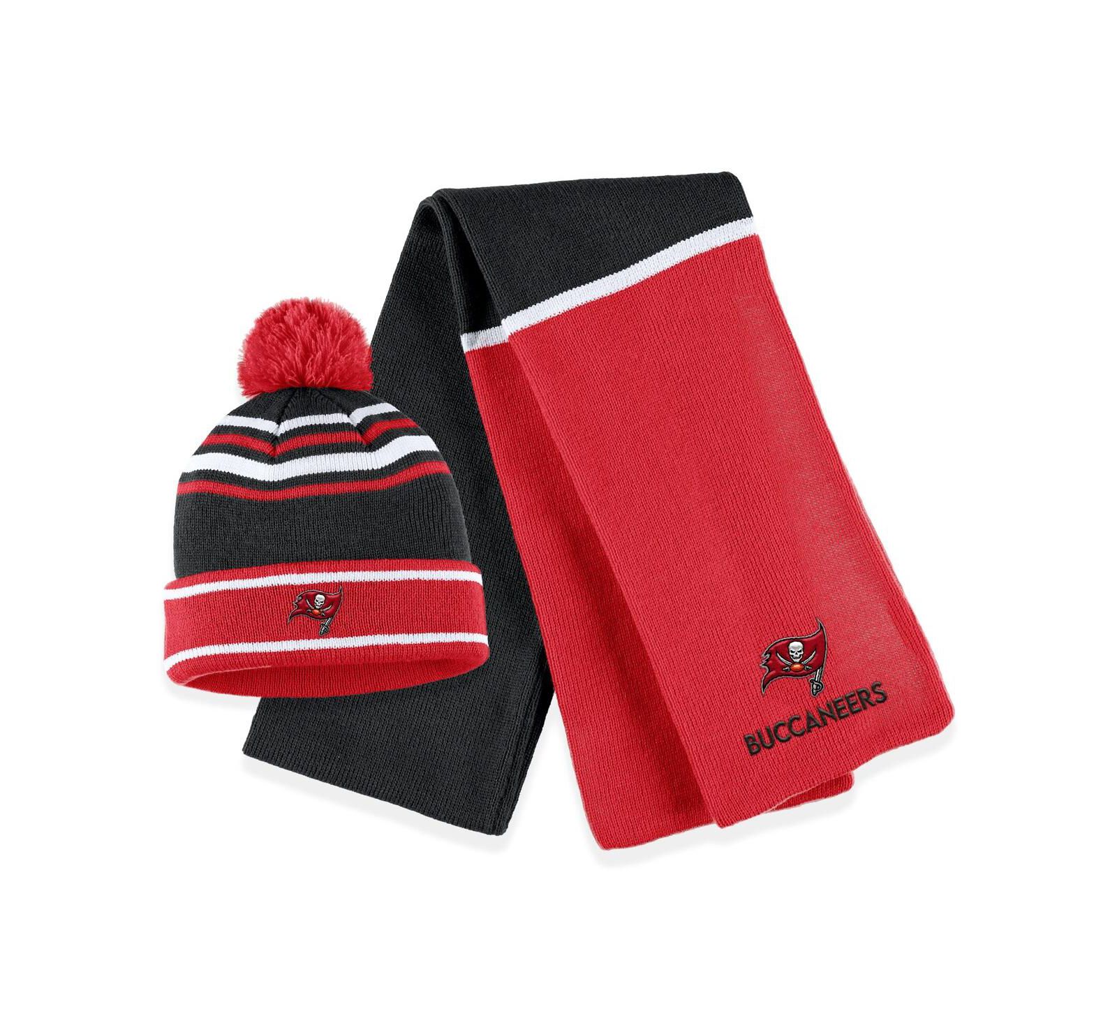 Women's WEAR by Erin Andrews Red Tampa Bay Buccaneers Colorblock Cuffed Knit Hat with Pom and Scarf Set