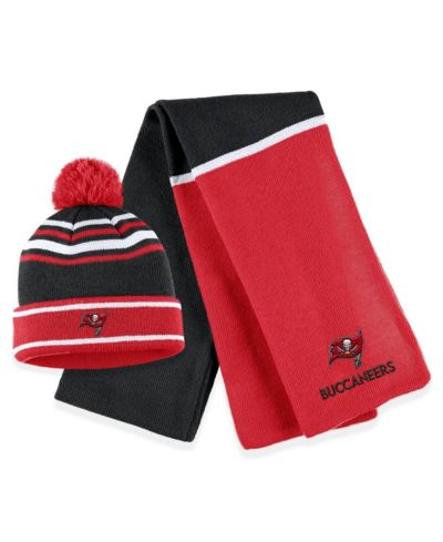 Women's WEAR by Erin Andrews Red Tampa Bay Buccaneers Colorblock Cuffed Knit Hat with Pom and Scarf Set