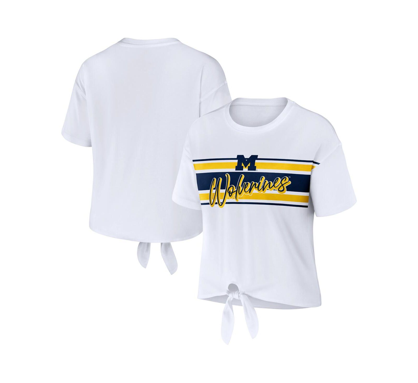 Женская укороченная футболка WEAR by Erin Andrews White Michigan Wolverines Striped Front Knot