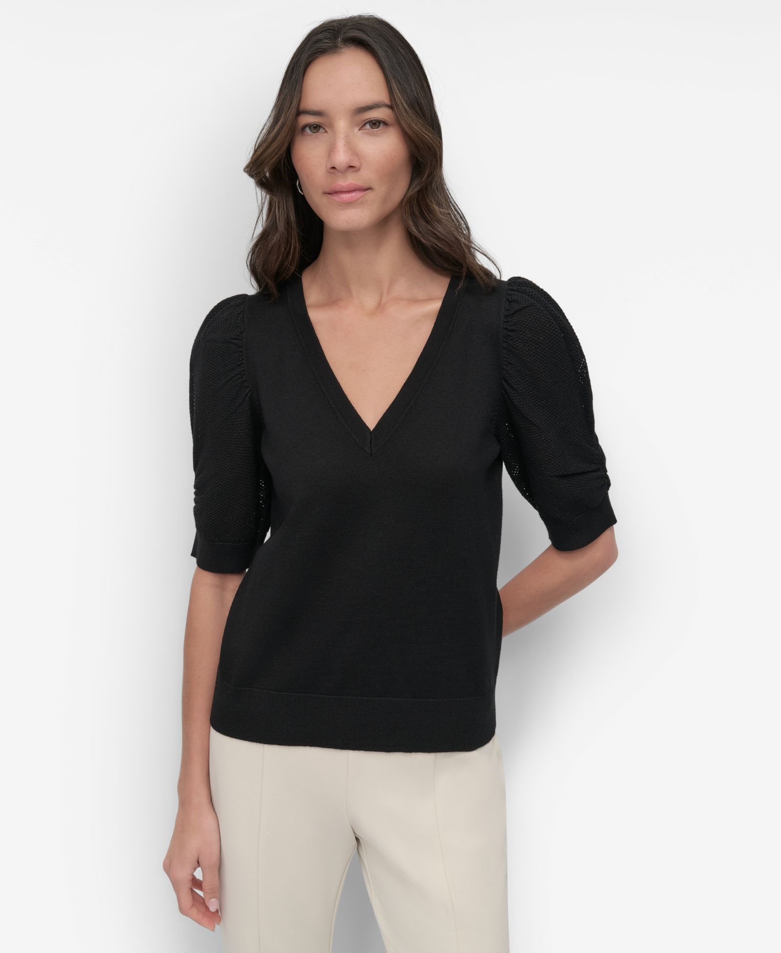 DKNY Women's Puff-Sleeve V-Neck Sweater