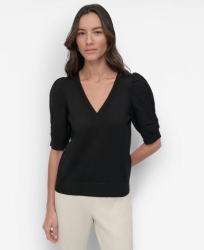 DKNY Women's Puff-Sleeve V-Neck Sweater