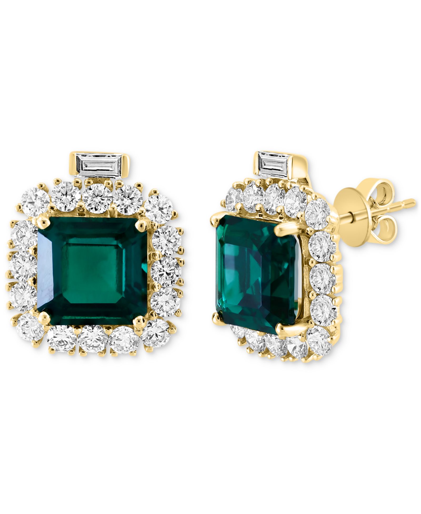 EFFY® Серьги-гвоздики Halo Stud с выращенным изумрудом и бриллиантом, 14k Gold