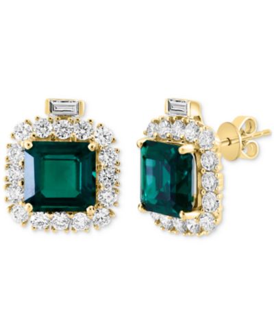 EFFY® Серьги-гвоздики Halo Stud с выращенным изумрудом и бриллиантом, 14k Gold