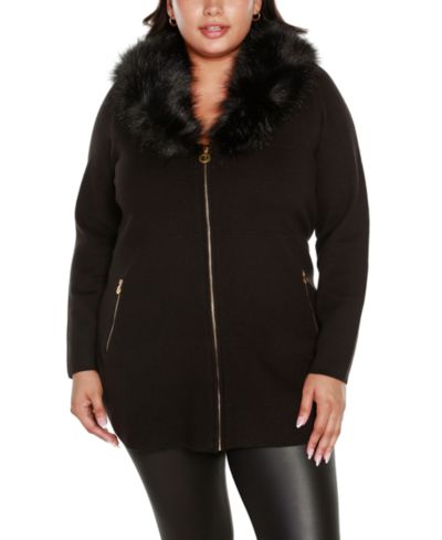 Belldini Black Label Plus Size Faux Fur Collar Cardigan