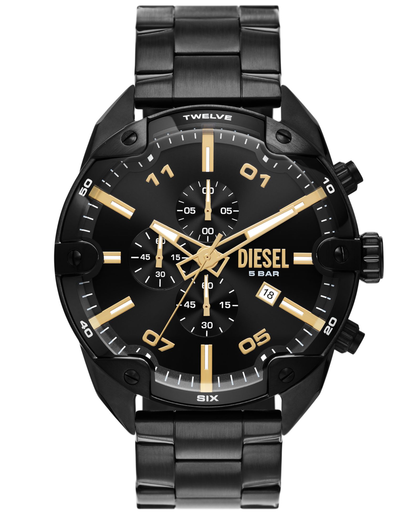 Diesel Мужские часы Chronograph Spiked, черная нержавеющая сталь, 49mm