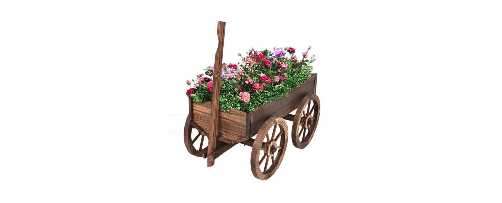 Wood Wagon Planter Pot Stand with Wheels