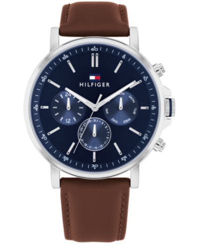 Tommy Hilfiger Мужские многофункциональные кожаные часы коричневого цвета 43mm