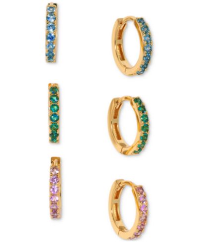 Комплект сережек Girls Crew, 3 шт., позолота 18k, разноцветные камни, 0.5"