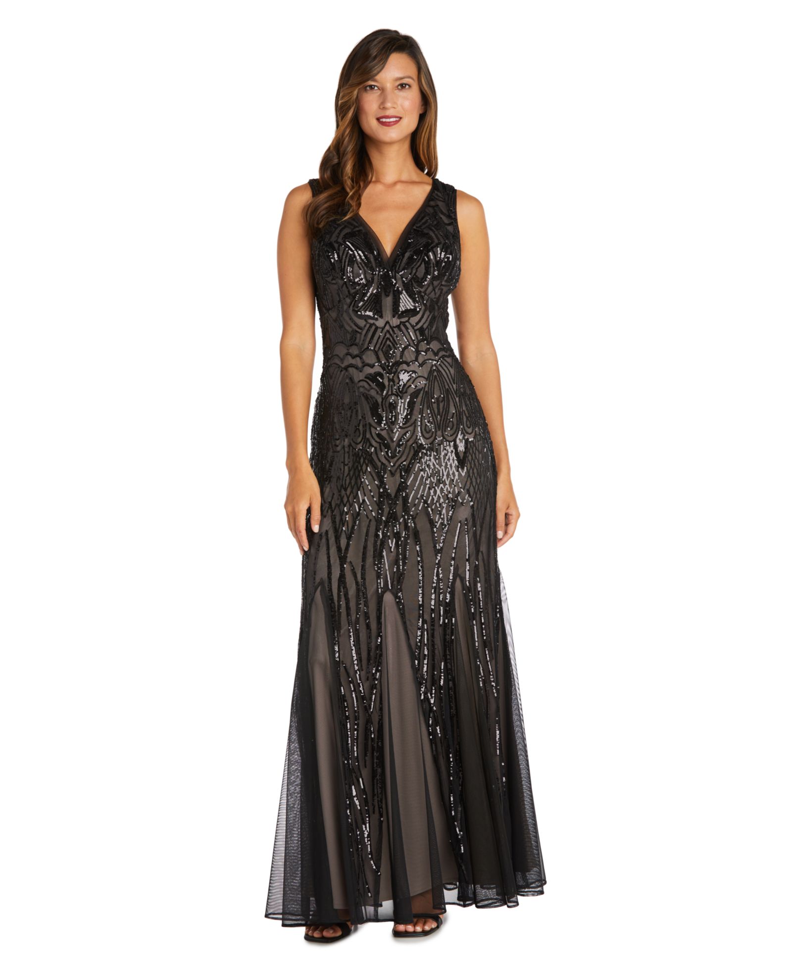 Женское вечернее платье R & M Richards Sequined V-Neck Godet Gown