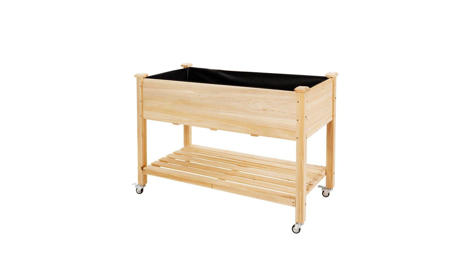 Wood Elevated Planter Bed with Lockable Wheels and Shelf