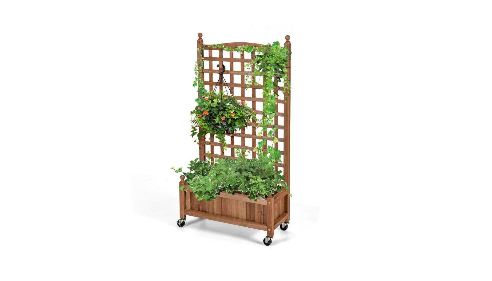 50 Inch Wood Planter Box with Trellis Mobile Raised Bed for Climbing Plant